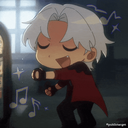 a cartoon of a man with white hair and a red jacket is dancing in front of a vending machine