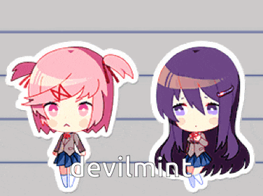 a sticker of a girl with pink hair and a sticker of a girl with purple hair and the word devilmint