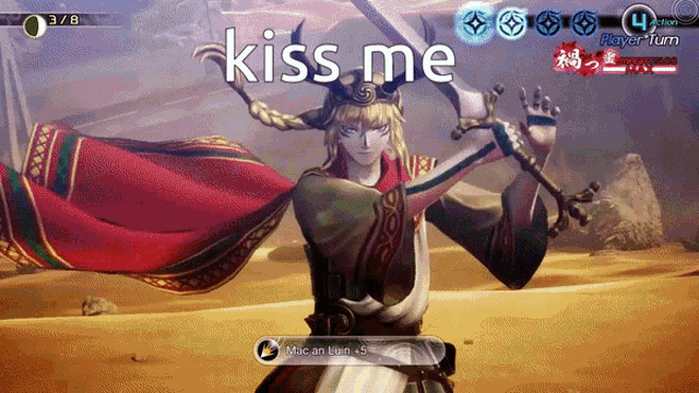 a video game screen shows a character holding a sword and says kiss me
