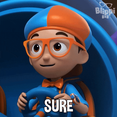 a blippi cartoon character is driving a car and says sure
