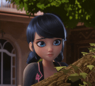 a cartoon girl with blue hair is standing next to a tree trunk