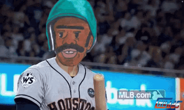 a baseball player wearing a mask and a houston jersey holds a bat