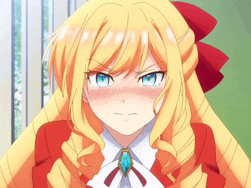 a girl with blonde hair and blue eyes is wearing a red dress