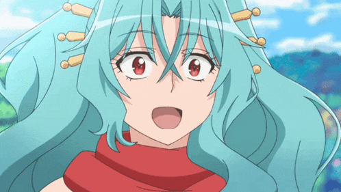 a blue haired anime character with red eyes