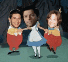 a cartoon of alice in wonderland with two men and a woman holding hands