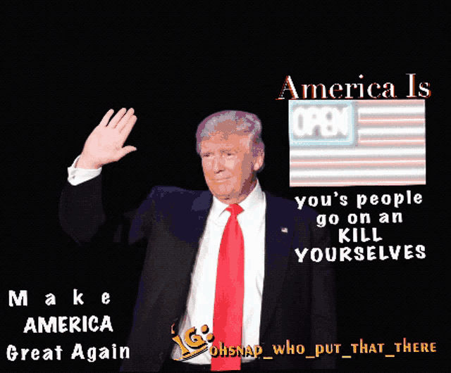 a man in a suit and tie is waving in front of a sign that says " america is open "