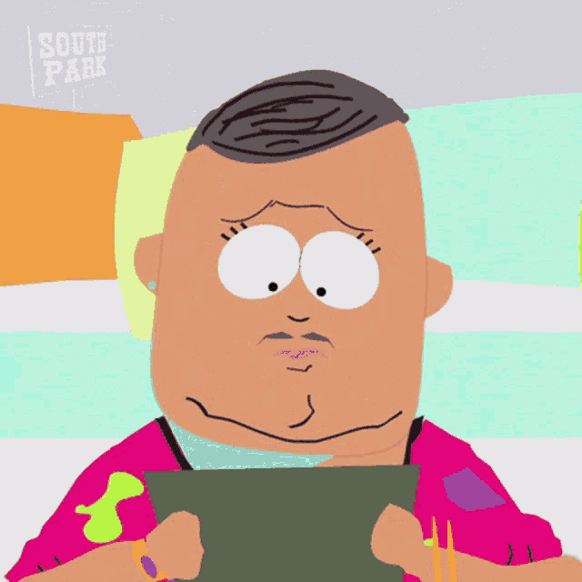 a cartoon character from south park is holding a tablet in his hands