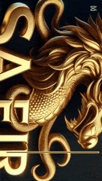 a gold dragon with a snake around its neck is on a dark background