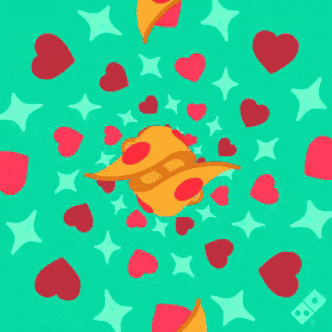 a slice of pizza is surrounded by hearts and stars on a teal background .