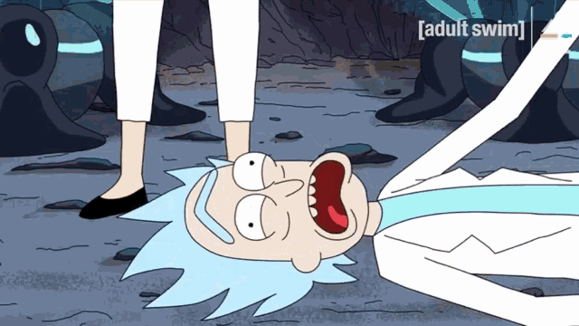 rick from rick and morty is laying on his back with a caption that says " adult swim "