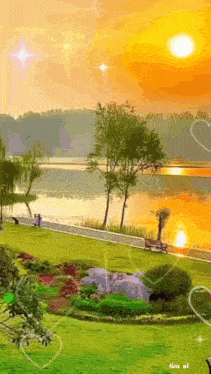 a painting of a park with a lake in the background and a sunset in the background