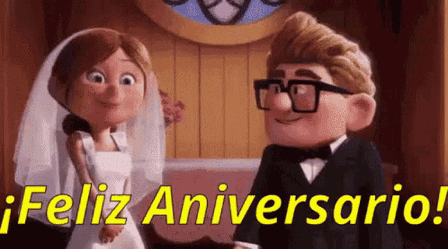 a bride and groom from up are standing next to each other in a room and the bride is wearing a wedding dress .