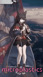 a girl with long black hair and a cat ear is standing in front of a man in a video game .
