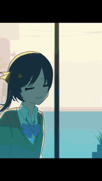 a cartoon of a girl laying down with a bow on her shirt