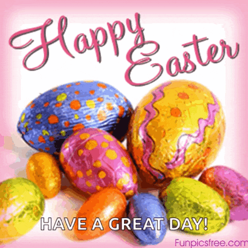 colorful easter eggs on a pink background with the words happy easter