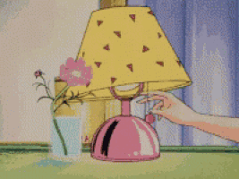 a cartoon drawing of a lamp and a glass of milk on a table