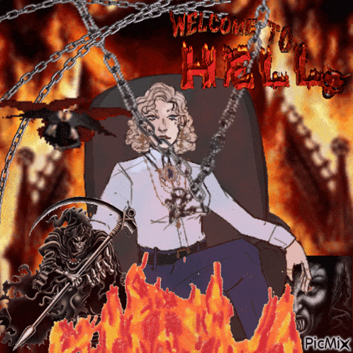 a drawing of a woman chained to a chair with the words welcome to hell written above her