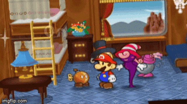 a screenshot of a video game shows mario and his friends in a bedroom
