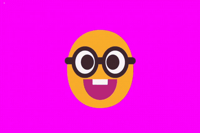 a smiley face with glasses and a smile on a pink background