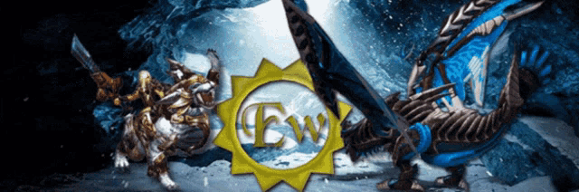 a picture of a warrior and a dragon with the letters tsw in the middle