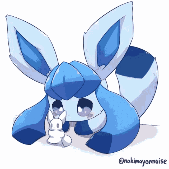 a drawing of a blue and white bunny with the name nakimayonnaise below it