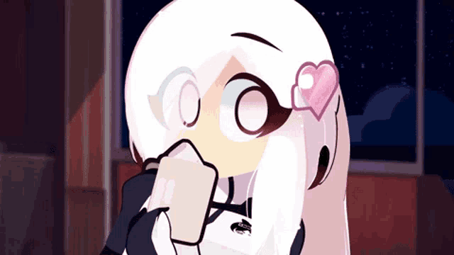 a cartoon girl with white hair and a pink heart on her head