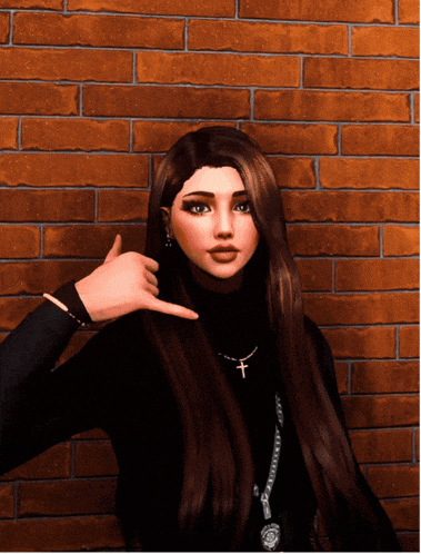 a woman with long hair is making a call me gesture