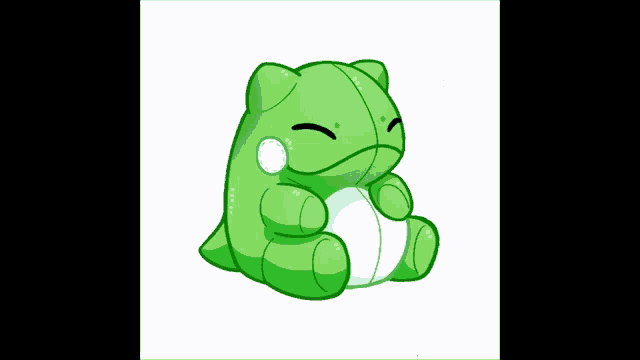 a green stuffed animal with a white belly is sitting down