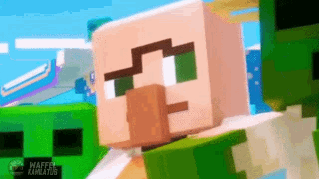 a close up of a minecraft character with the words waffel kamlatus in the corner