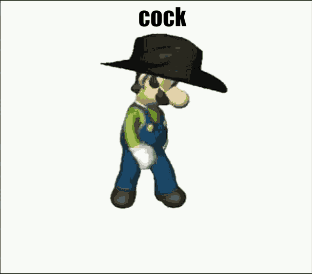 a cartoon character with a black hat on his head and the word cock below him