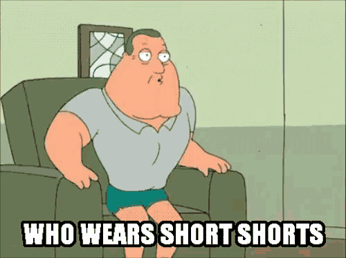 a cartoon of a man sitting in a chair with the words who wears short shorts below him