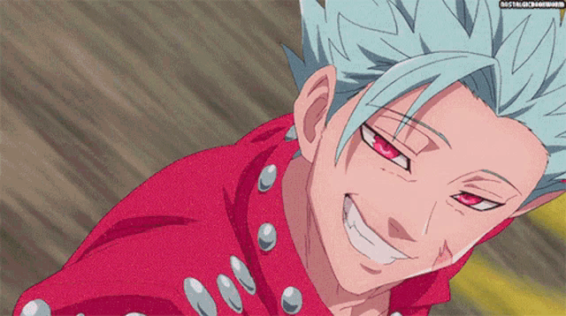 a cartoon character with blue hair and red eyes is smiling for the camera