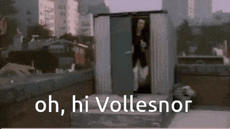 a man is walking out of a door with the words oh hi vollesnor written on the bottom