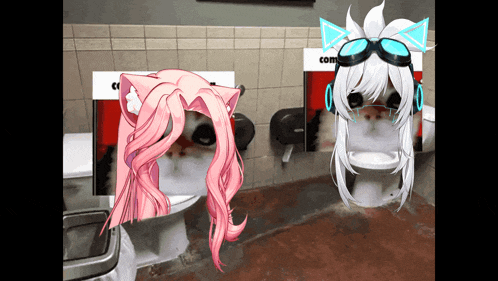two anime characters are sitting on toilets in a bathroom with a sign that says com