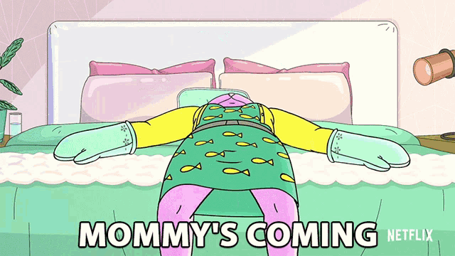 a cartoon of a woman laying on a bed with the words " mommy 's coming " on the bottom