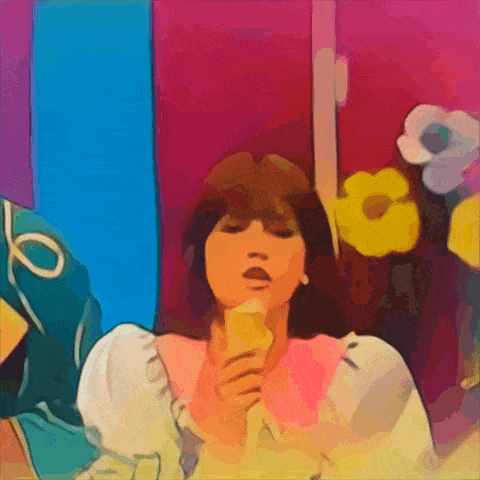 a cartoon drawing of a woman holding a piece of food