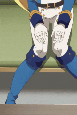 a person in a blue and white uniform is kneeling down with their hands on their knees