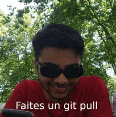 a man wearing sunglasses and a red shirt has the words faites un git pull on his shirt