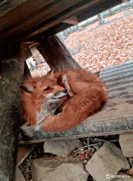 a fox is laying on a wooden surface with a kling a11.6 watermark