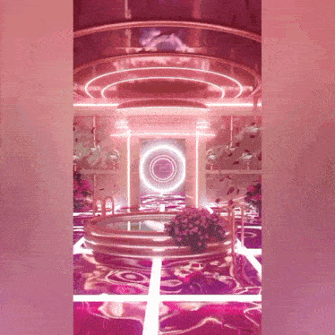 a pink room with a bathtub and flowers and a sign that says tf