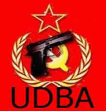 a red background with a hammer and sickle and the word udba