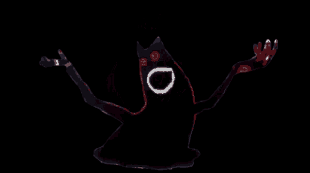 a drawing of a monster with red eyes and a circle in the middle of its mouth