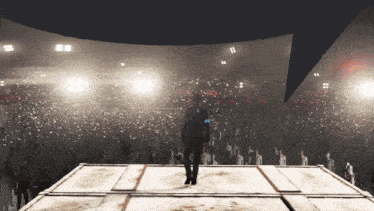 a man stands on a stage in front of a large crowd