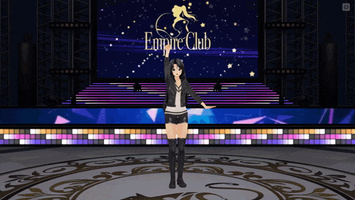 a girl stands on a stage in front of an empire club sign