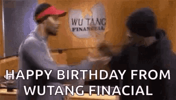 two men shaking hands in front of a sign that says `` happy birthday from wutang financial '' .