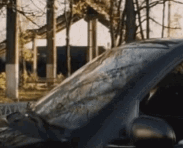 a car with a dirty windshield is parked in a forest
