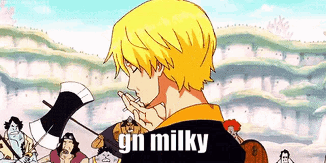 a cartoon of a man smoking a cigarette with the words `` gn milky '' written on the back of his shirt .