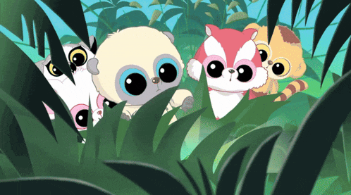 a group of cartoon animals are peeking out of a bush