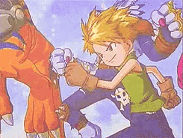 a boy in a green shirt with a skull on it is fighting a monster in a cartoon .
