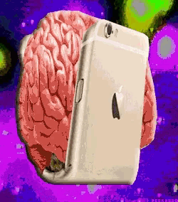 a pixel art of a brain holding an apple iphone